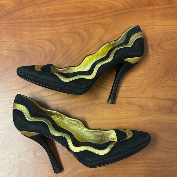 Prada Black Suede Colorblock Pumps Leather Designer Size 37 Gold Design Heels - Picture 5 of 16